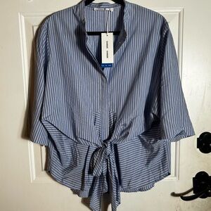 SAMSOE SAMSOE Sylvia Blue Striped Tie front Women's 3/4 sleeves Blouse Sz M